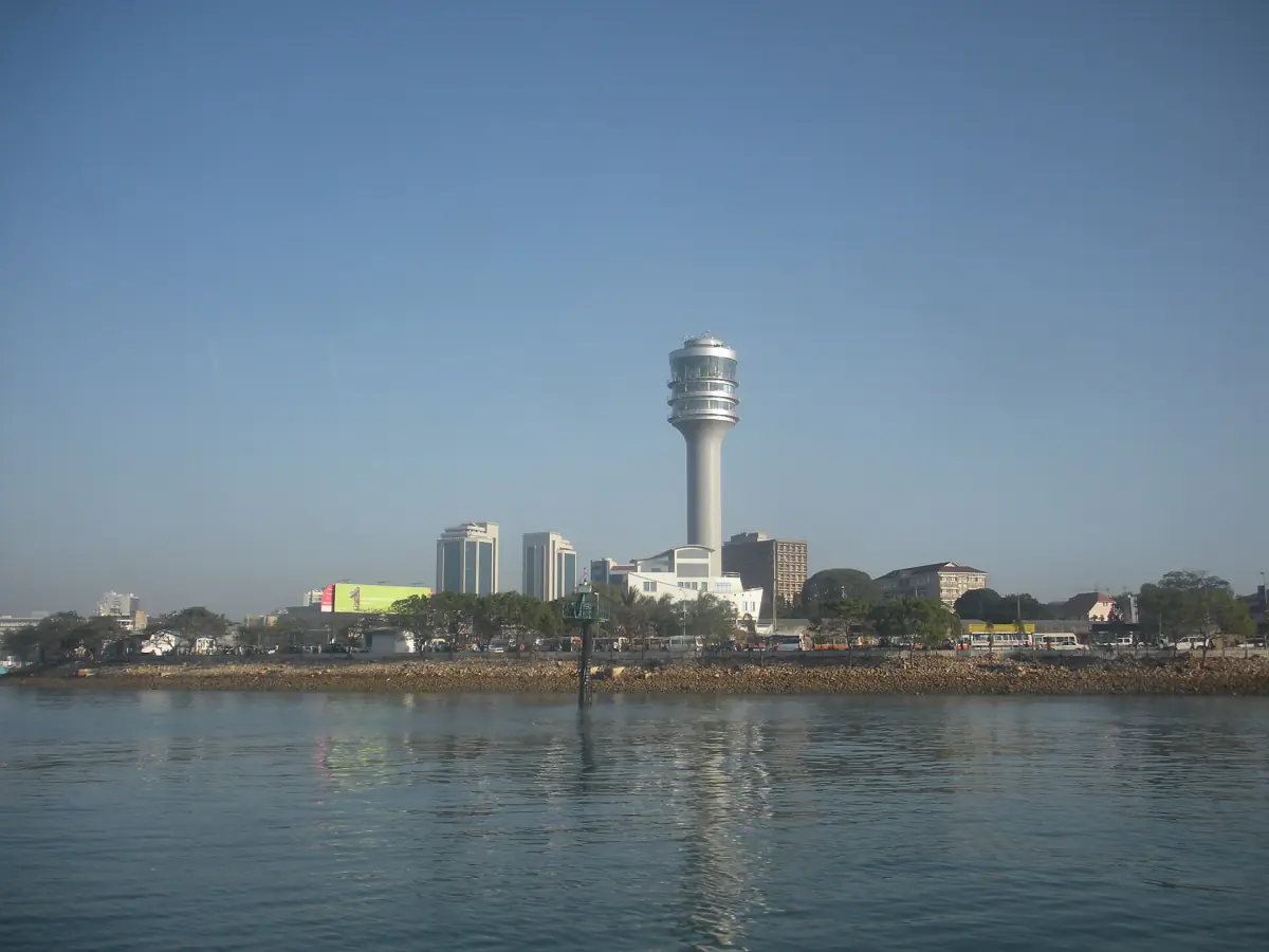 Dar es Salaam waterfront with a tower seen across the harbor